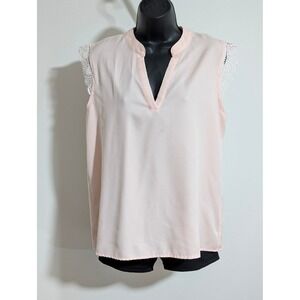 Pink Sleeveless Top Lace Trim V-Neck Blouse Casual Everyday Flowy Size L